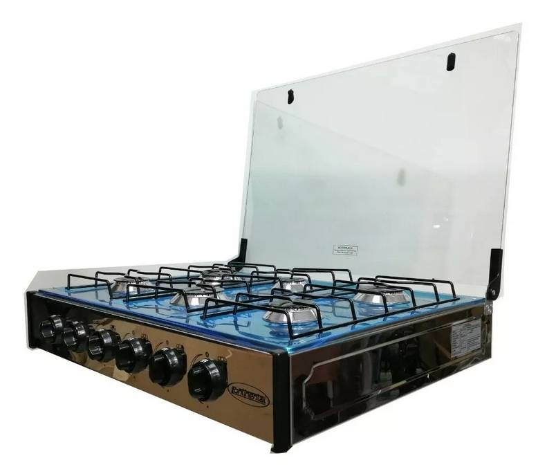 Cocineta a Gas 6 Quemadores Acero Inoxidable Tapa De Vidrio 