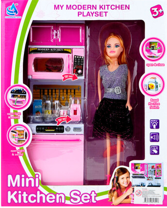 Muñeca de juguete con set de cocina