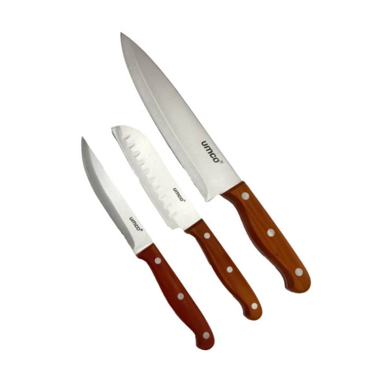 Juego de cuchillos 3 piezas mango madera Umco acero inoxidable