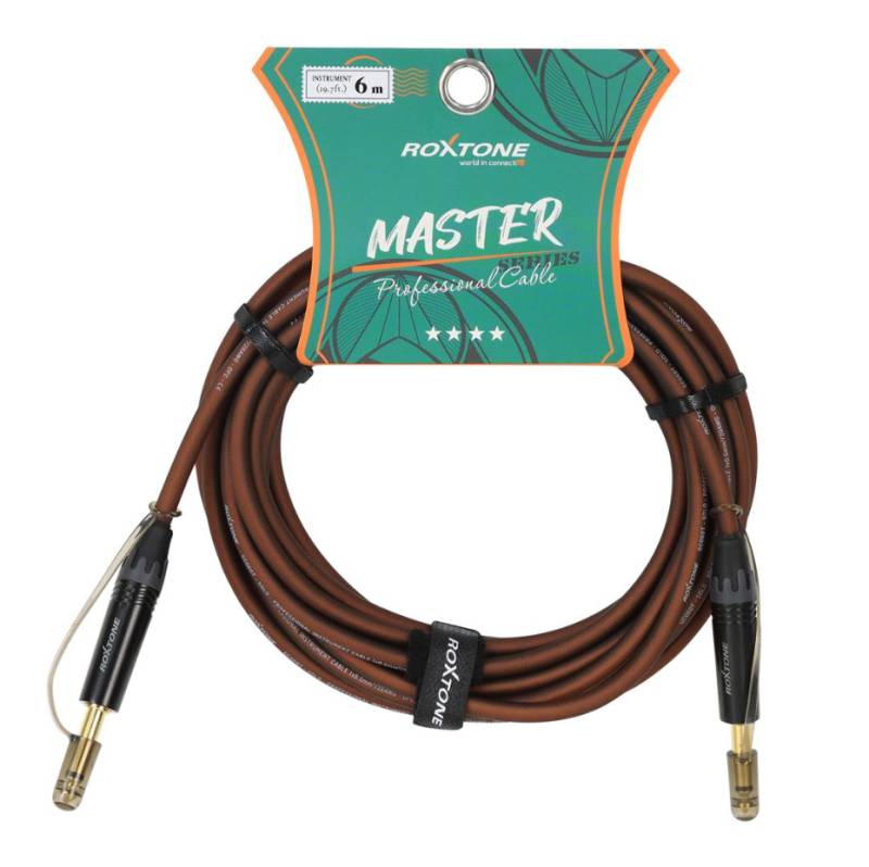 Cable guitarra Roxtone 1 plug 6.3mn x 6.3mm lado transparente cafe 6 metros