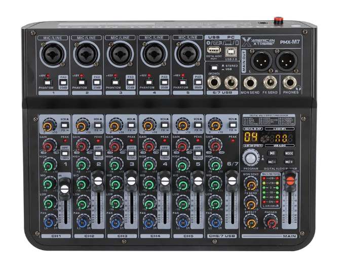 Consola pasiva American Xtreme 7 canales c usb Bt Fx Pc link PMX-M7