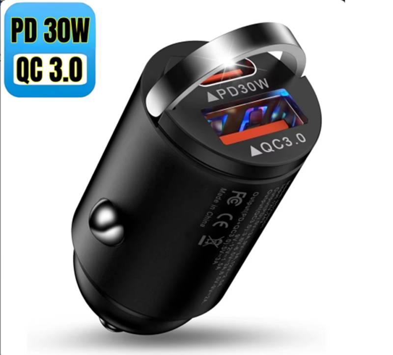 Cargador de Carro Auto Carga rapida QC 3.0 + PD 30W Metalico
