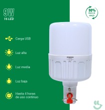 Foco Recargable Macao 9W carga micro usb  luz media alta itermitente